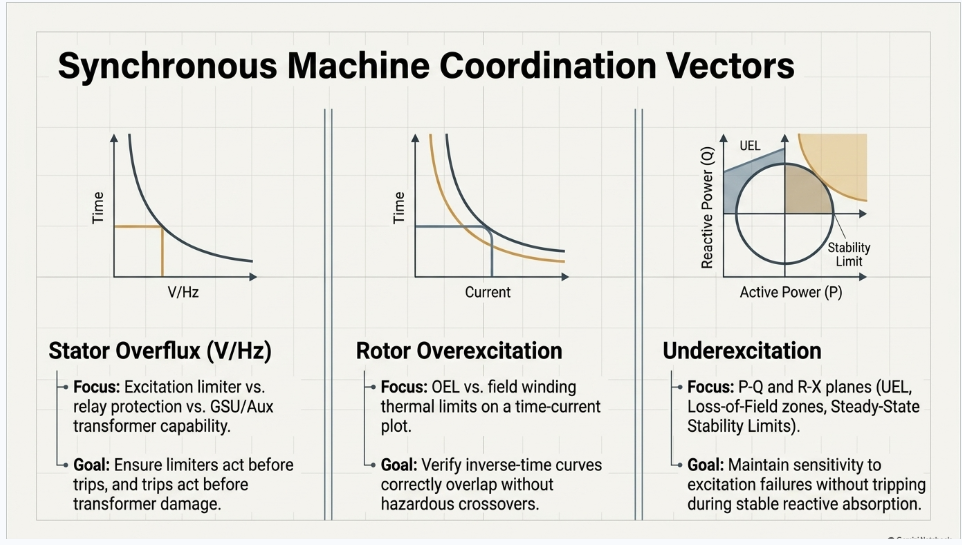 NERC PRC-019-2 synchronous generator coordination showing V/Hz overexcitation and underexcitation protection and limiter relationships