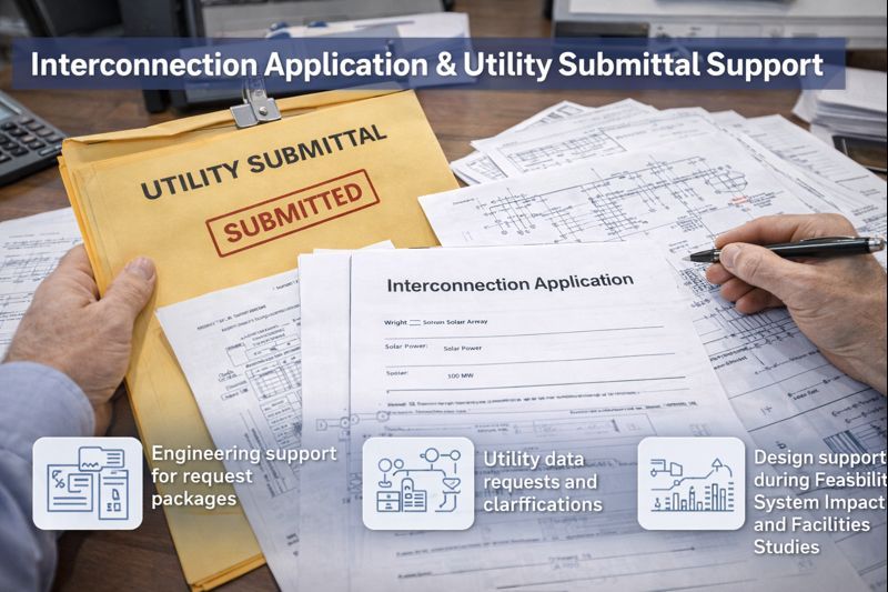 Hands working on utility interconnection application paperwork with icons highlighting engineering and design services.