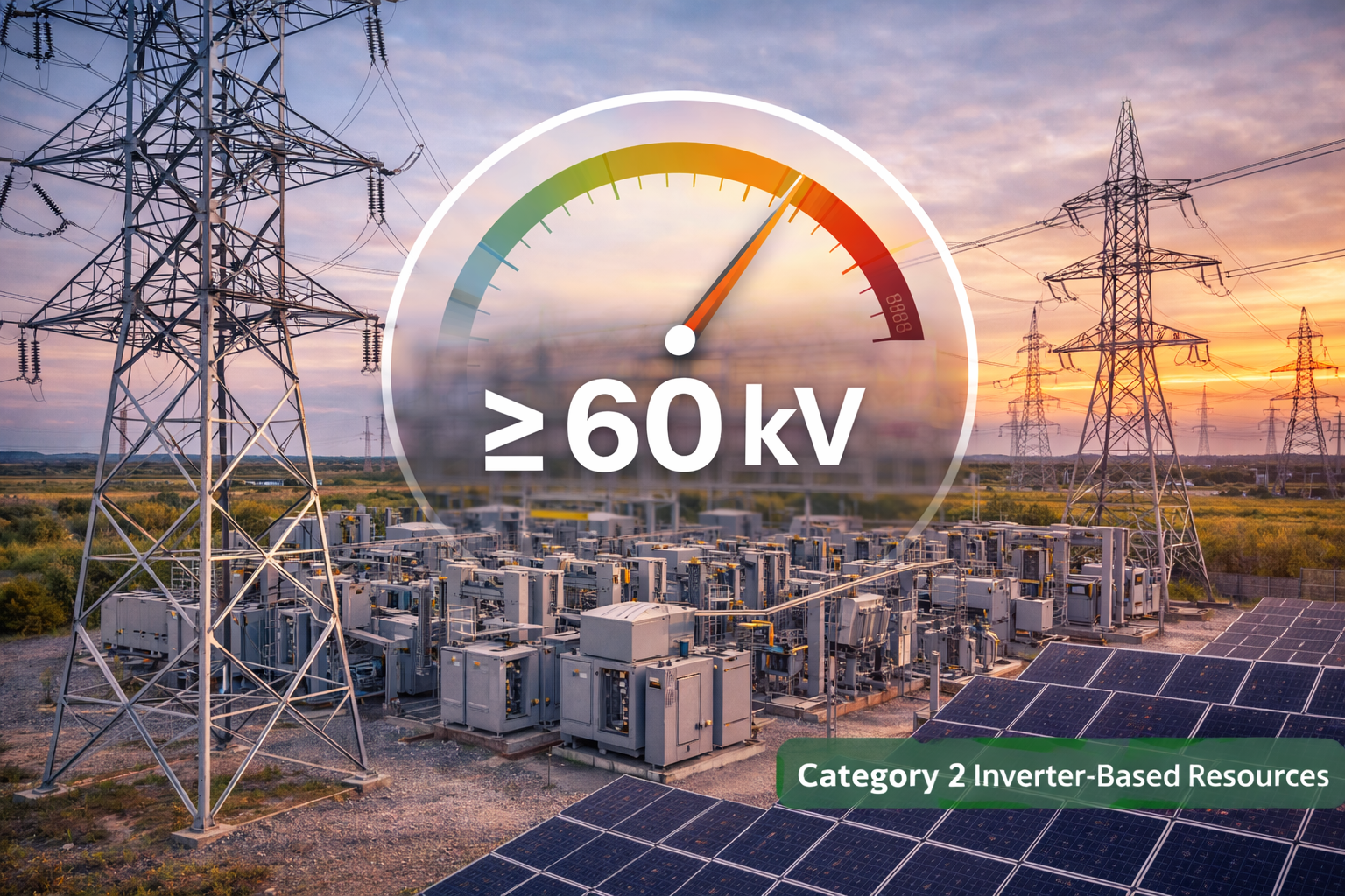 Solar panels and electrical infrastructure with a gauge graphic reading 