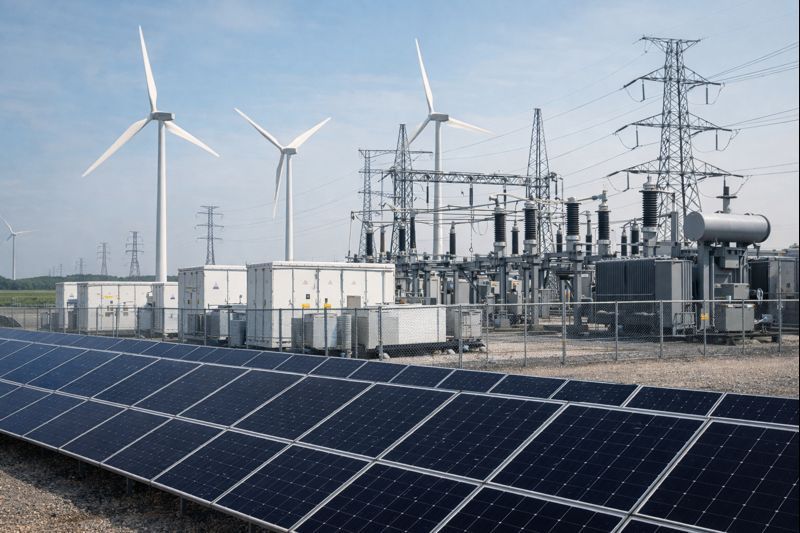 A hybrid energy site featuring solar panels in the foreground, wind turbines, and electrical infrastructure in the back.