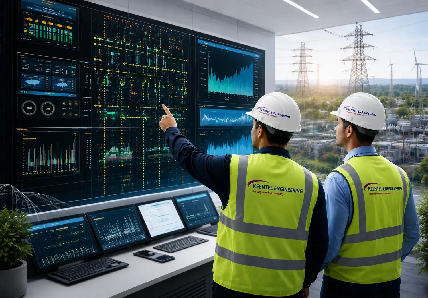 Two technicians in yellow hardhats working on electrical equipment, one using a laptop.