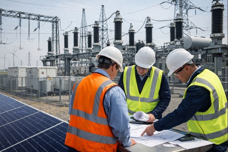 Three people in hard hats and high-visibility vests review technical documents at a solar farm and electrical substation.