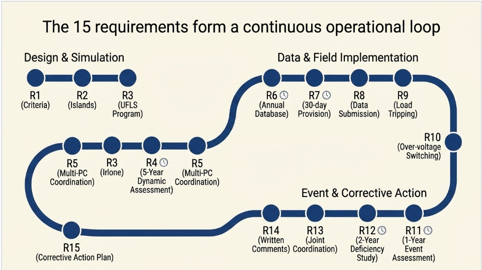PRC-006-5 requirements R1 through R15 UFLS compliance lifecycle from design and simulation to field implementation and corrective action