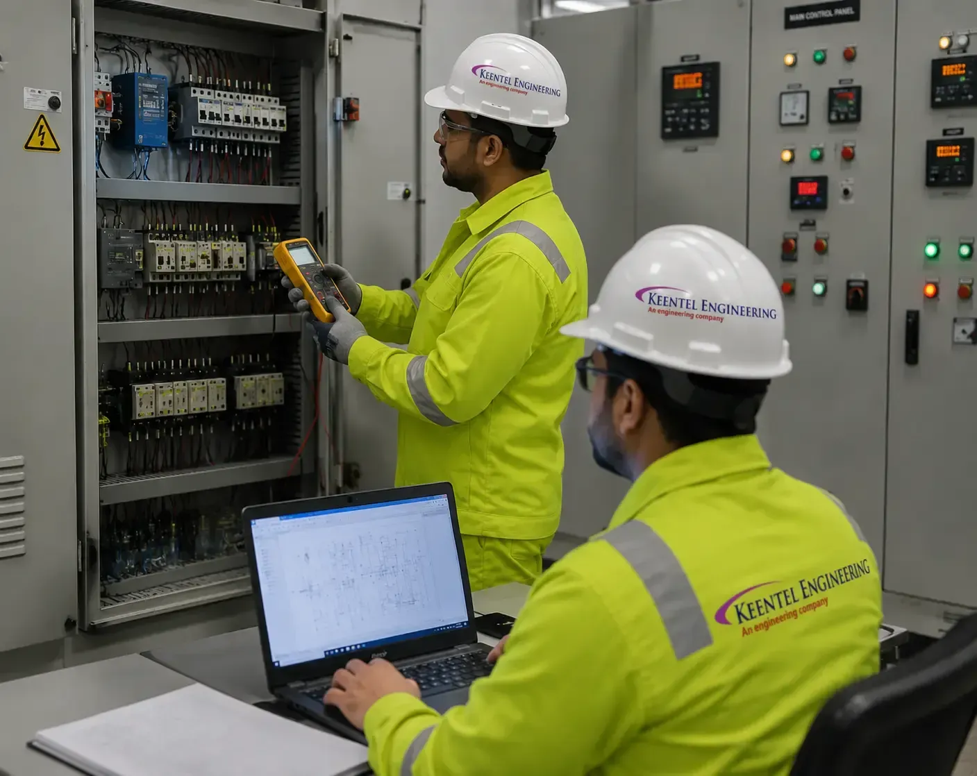 Two technicians in yellow hardhats working on electrical equipment, one using a laptop.
