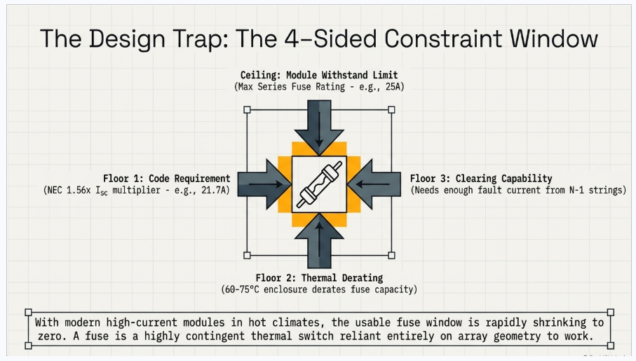 PV string fuse sizing constraint window showing NEC current, module withstand, thermal derating and clearing capability