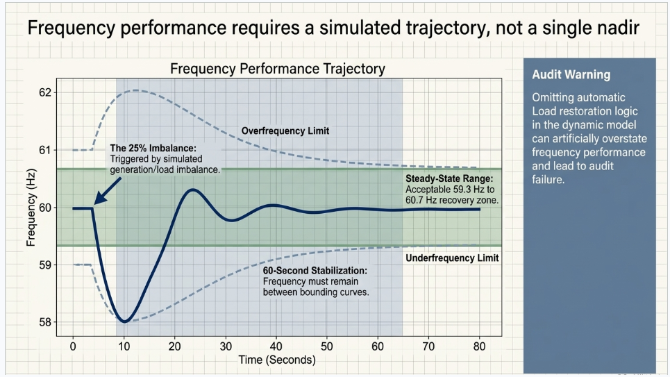 PRC-006-5 UFLS frequency performance simulation showing 25 percent imbalance, frequency nadir and steady-state stabilization