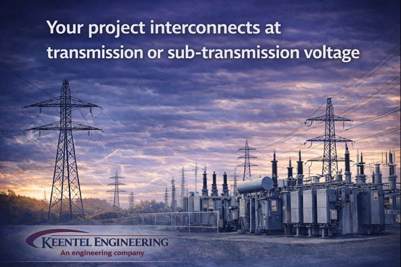Transmission towers and substation with text 