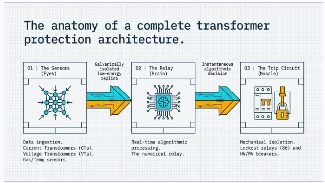 Complete transformer protection architecture showing protection relays and fault detection systems