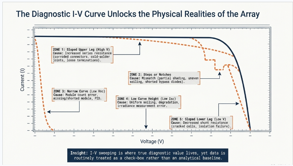 Solar PV I-V curve diagnostics showing series resistance, shading, soiling, low Voc and low Isc faults