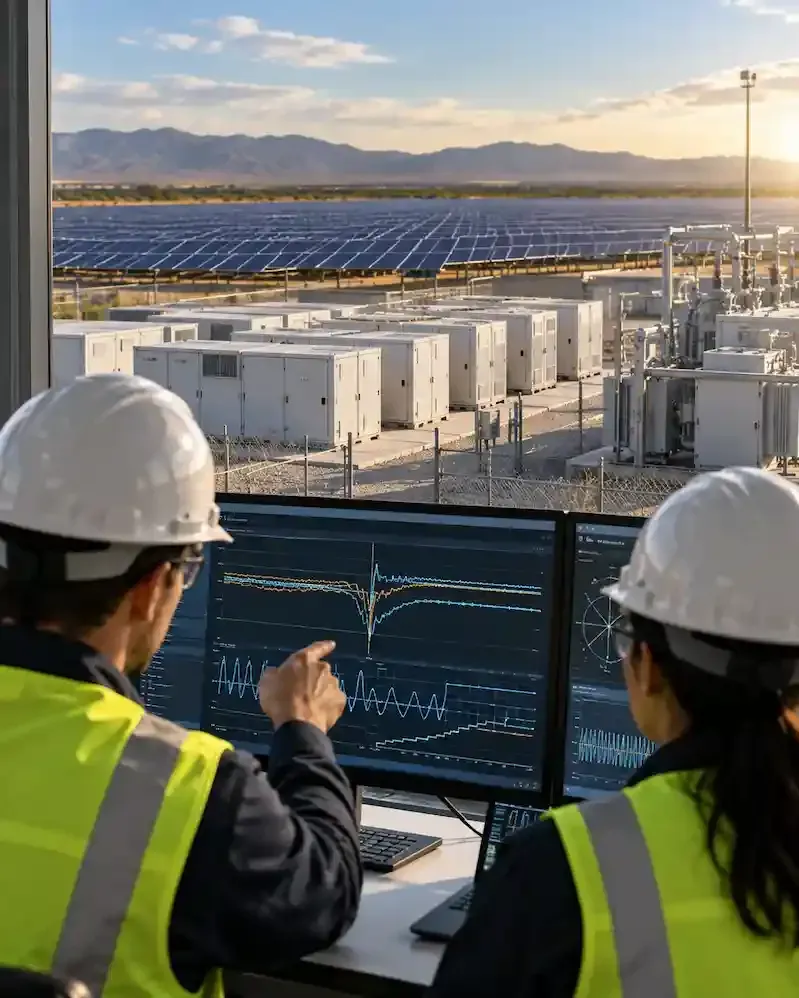 Engineers reviewing inverter-based resource model response and plant performance data