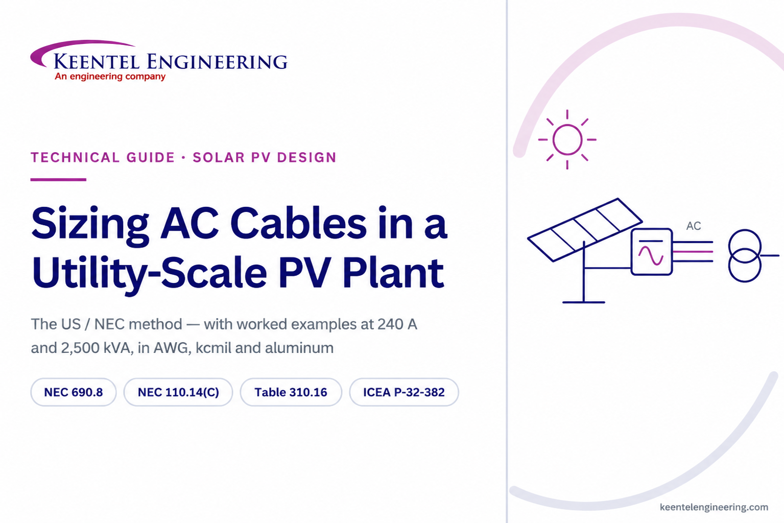Sizing AC cables in a utility-scale solar PV plant technical guide by Keentel Engineering, showing N