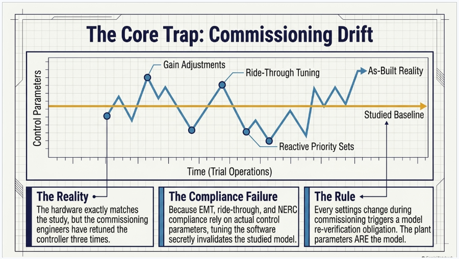 BESS commissioning drift showing control settings changing from studied model to as-built configuration before COD