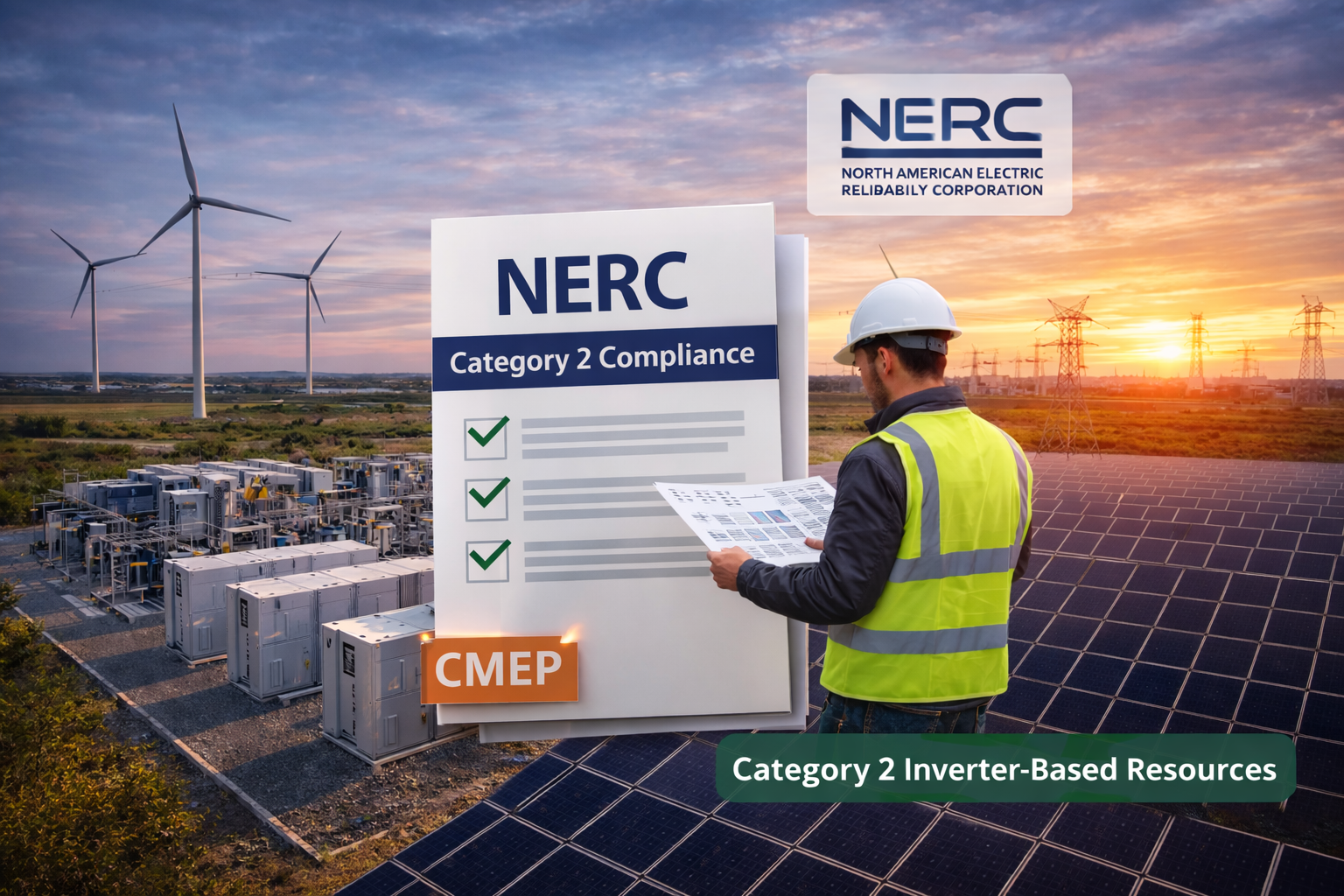 A worker reviews NERC compliance documentation at a solar and wind energy site, highlighting Category 2 resource standards.