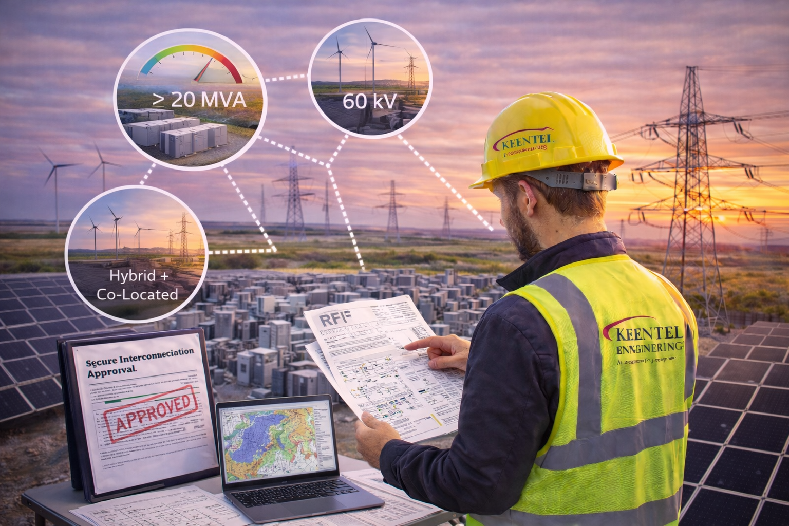 A worker in a yellow hard hat and safety vest reviews technical plans at a solar and wind energy site at sunset.