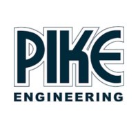 Logo of PIKE ENGINEERING in dark blue text with white border and black text 