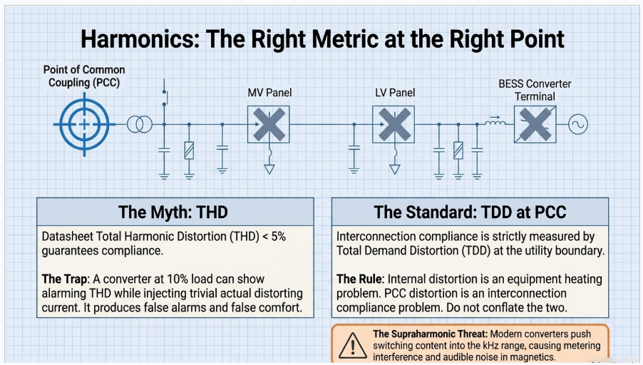 BESS harmonic compliance showing total demand distortion at the point of common coupling for data center power systems