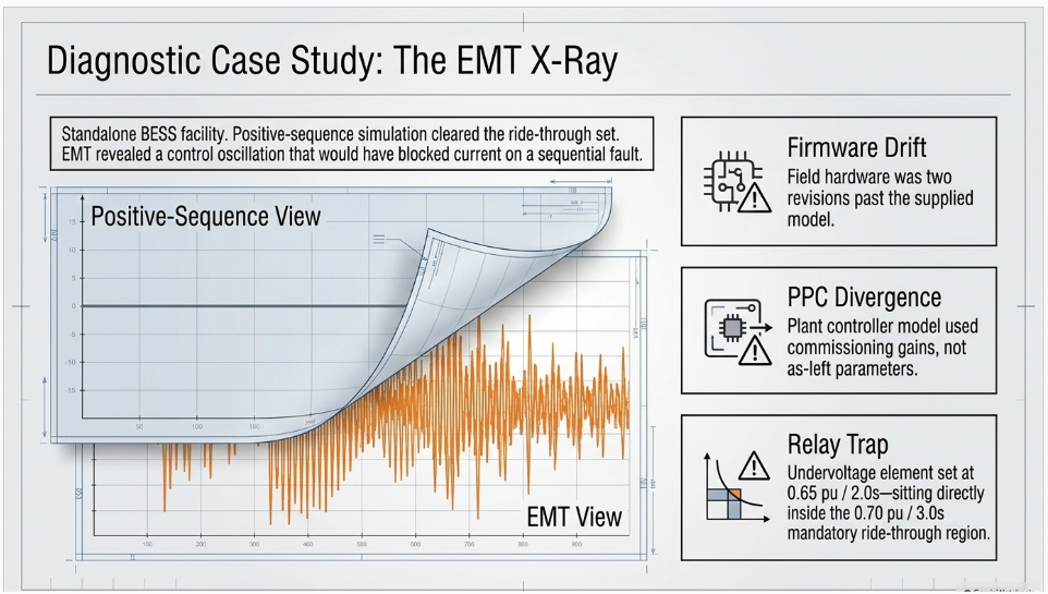EMT validation case study showing firmware drift, plant controller divergence and relay setting issues in PRC-029-1 compliance testing