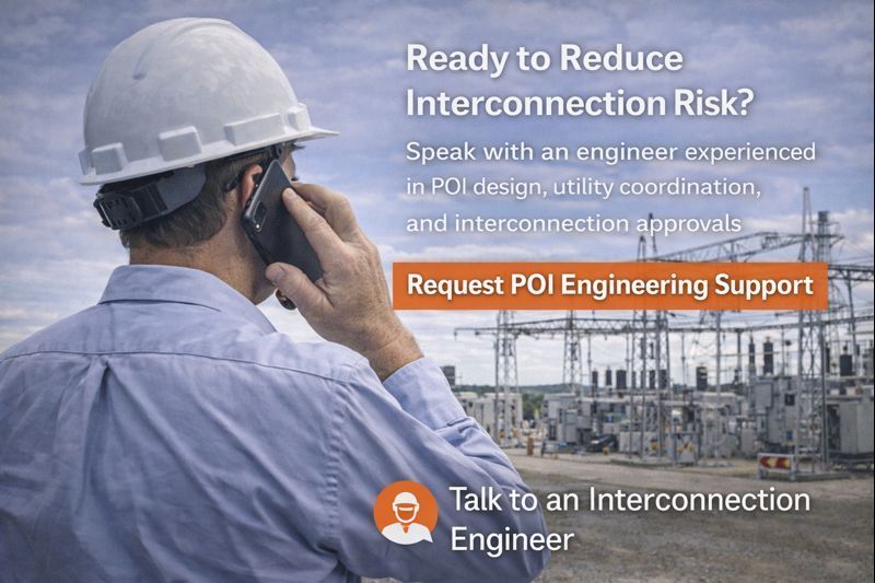 An engineer in a hard hat speaks on a phone in front of a power substation, promoting interconnection engineering support.