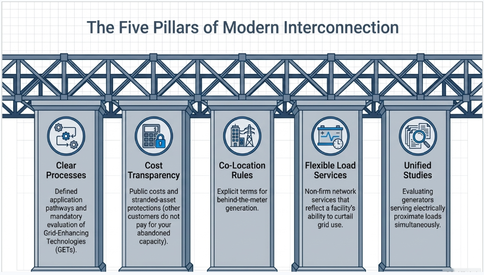 FERC large-load interconnection reforms covering processes, cost transparency, co-location, flexible load services and grid studies