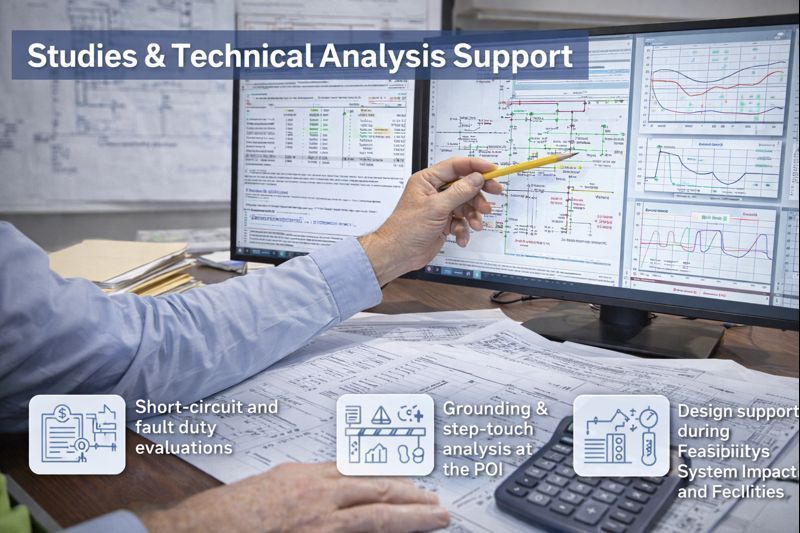 Professional reviewing electrical schematics on computer monitors, with icons representing technical engineering services.