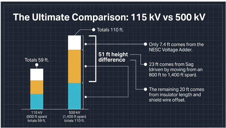 115 kV vs 500 kV transmission structure height comparison showing voltage, sag and insulator contributions