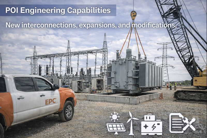 A crane lifts a large electrical transformer at a utility substation, with an EPC service truck parked nearby.