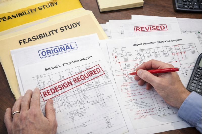 Hands hold and review engineering documents stamped