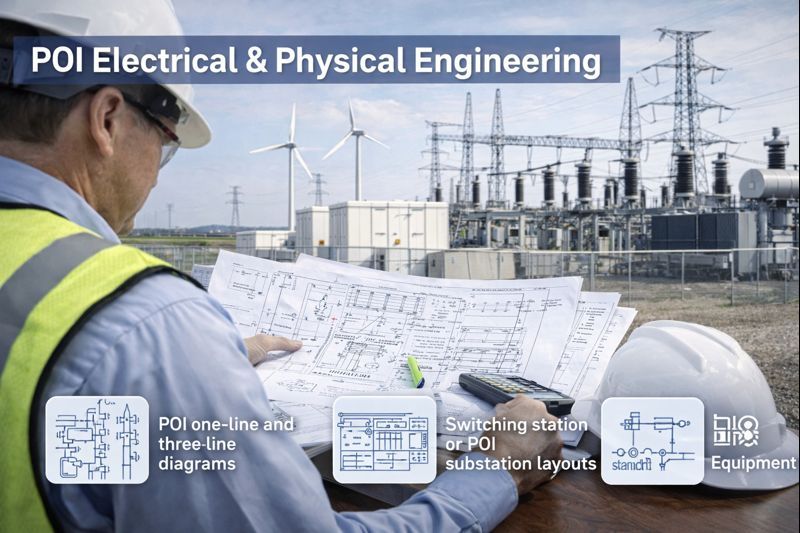 Engineer in safety gear reviews blueprints at a power substation, highlighting electrical and physical POI design.