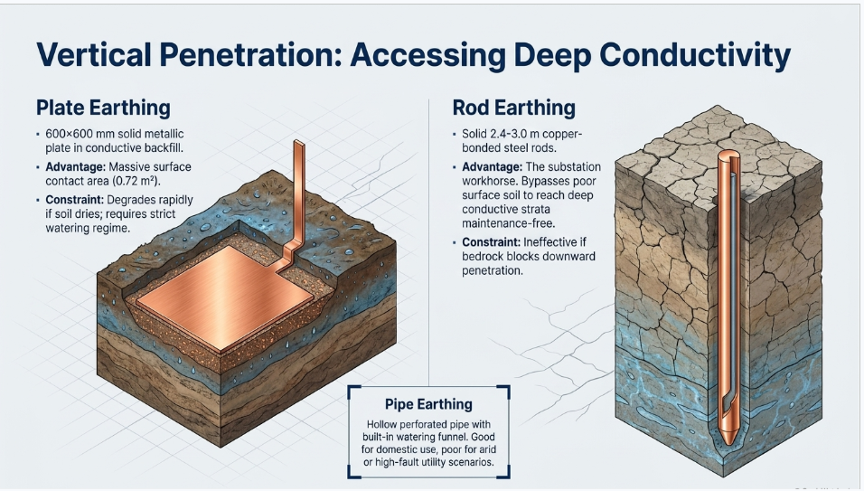 Plate, pipe and rod earthing systems showing vertical grounding electrodes for different soil conditions