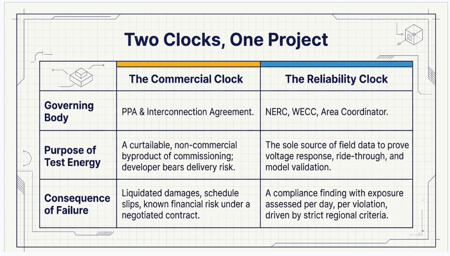 WECC pre-COD test energy commercial and reliability compliance clocks for BESS projects
