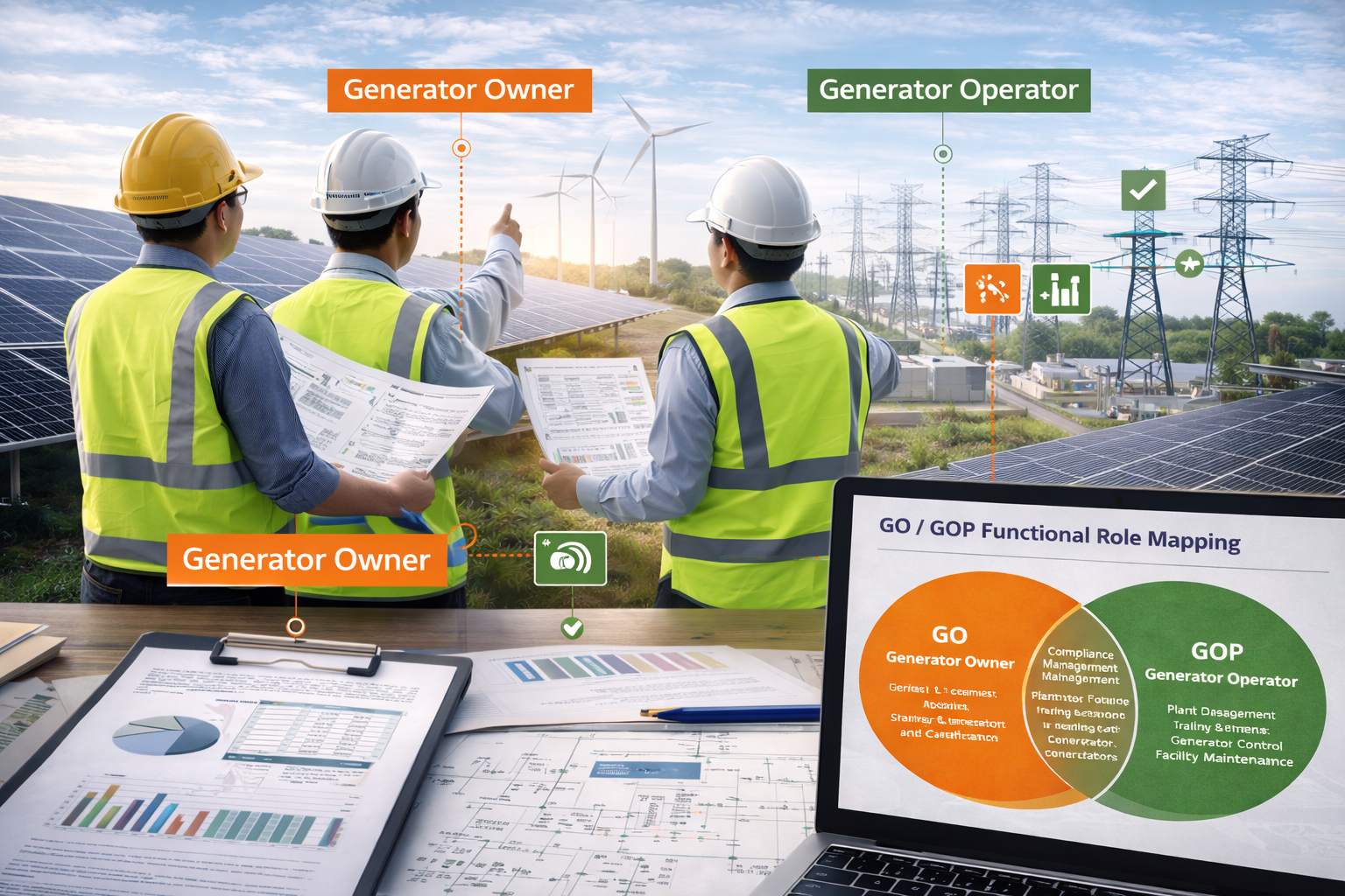 Three engineers in hard hats and vests review project plans at a solar and wind farm with a digital role-mapping chart.