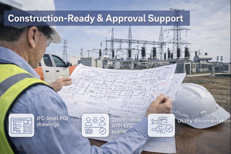 A worker in a hard hat and safety vest reviews construction blueprints in front of an electrical substation.