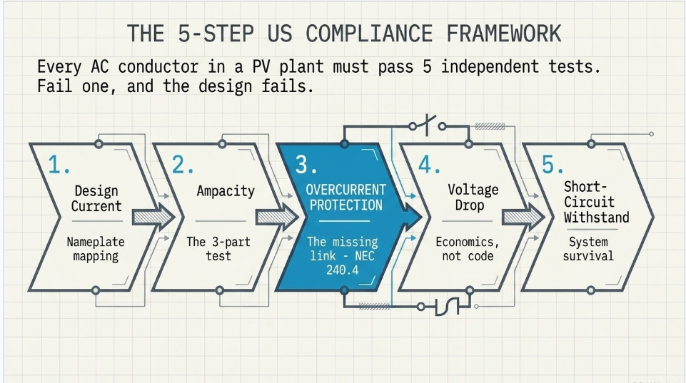 NEC AC cable sizing framework for utility-scale solar PV covering current, ampacity, overcurrent protection, voltage drop and short-circuit withstand