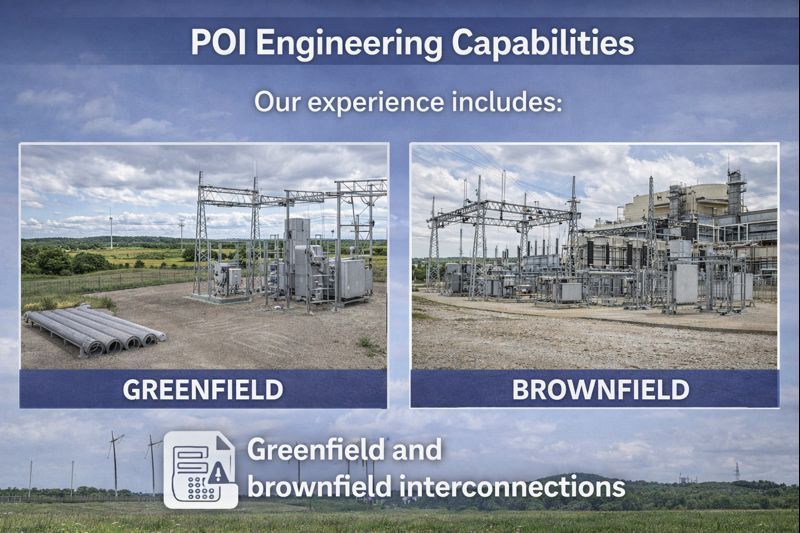 Graphic showing POI Engineering capabilities with photos of greenfield and brownfield electrical interconnection sites.