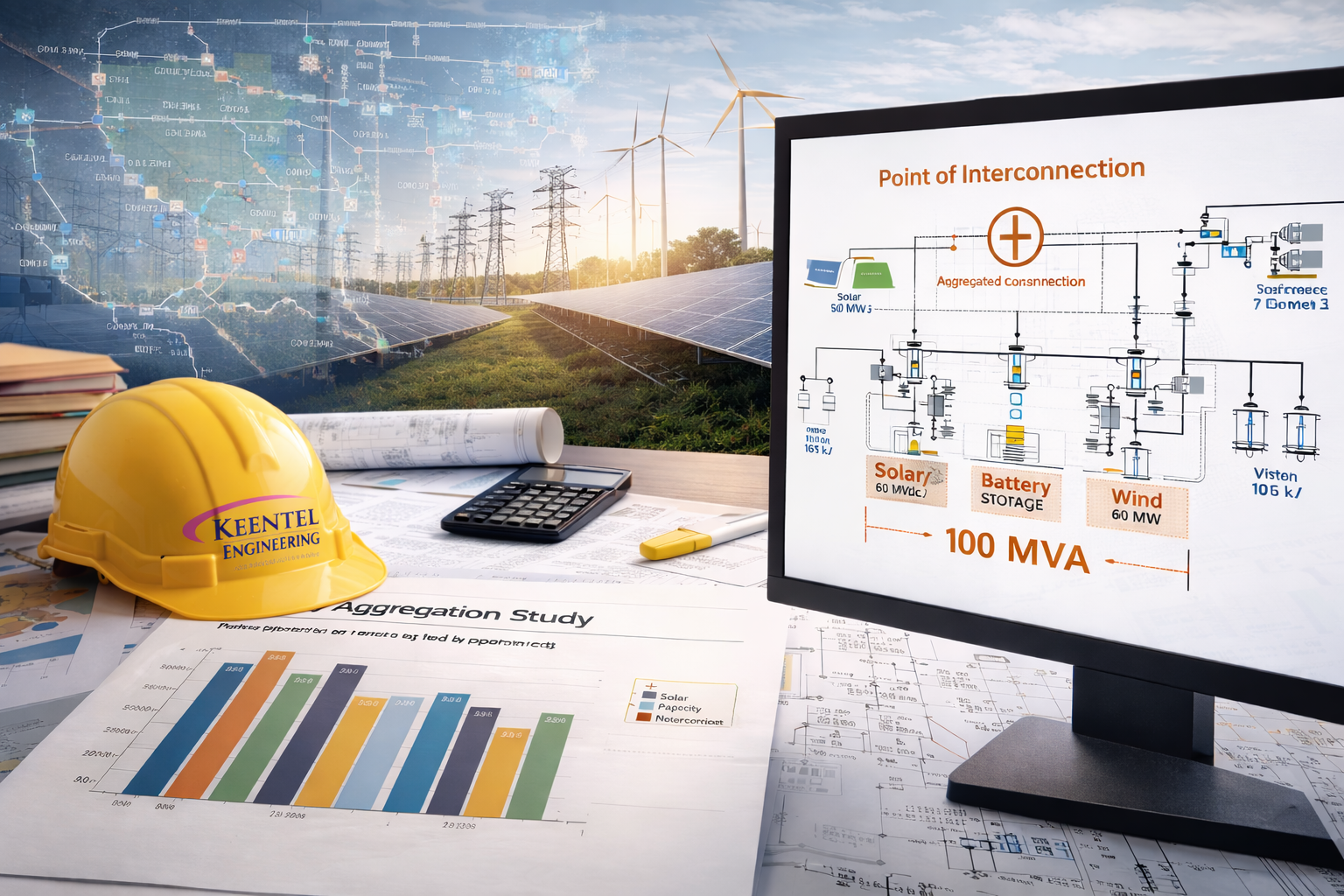 A monitor displays an electrical grid diagram next to a hard hat and data charts on a desk with a solar farm background.