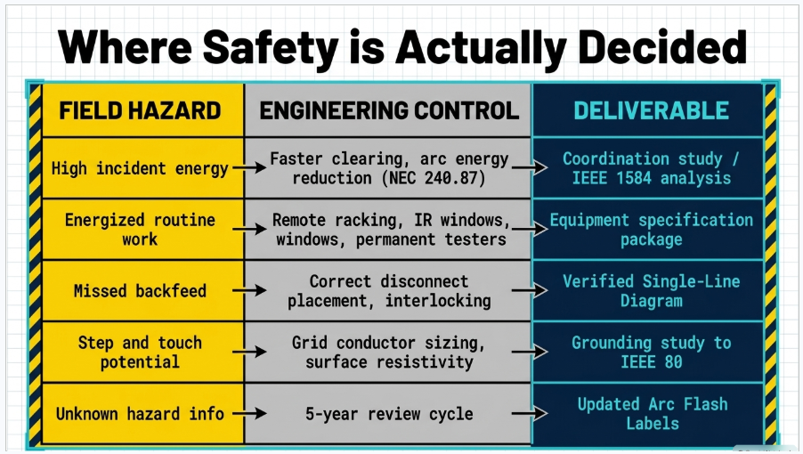 Electrical safety engineering controls for arc flash, backfeed, step and touch potential and protective device coordination