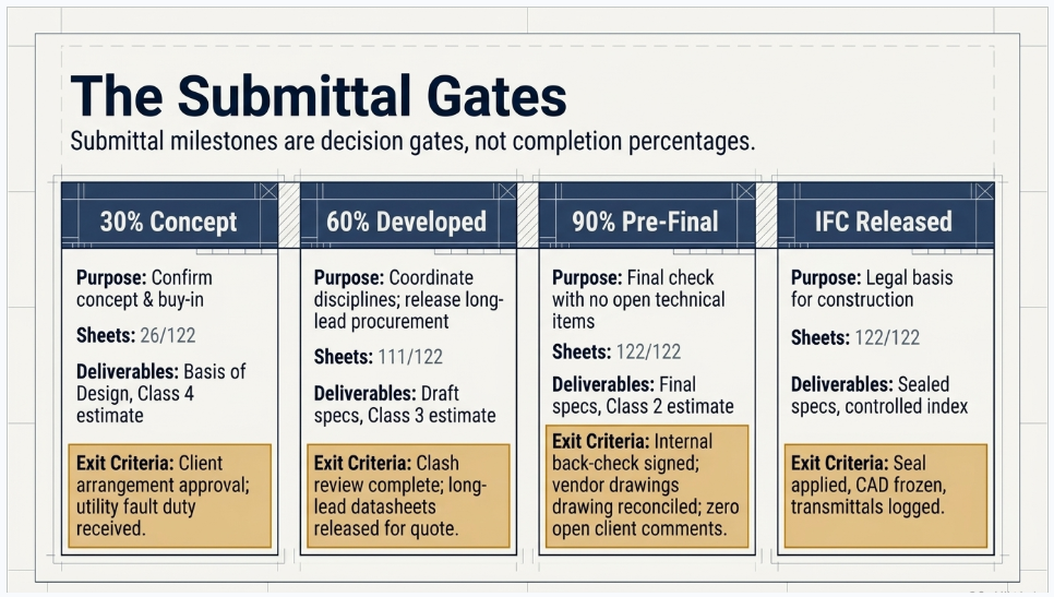Substation design submittal gates showing 30%, 60%, 90% and IFC engineering milestones