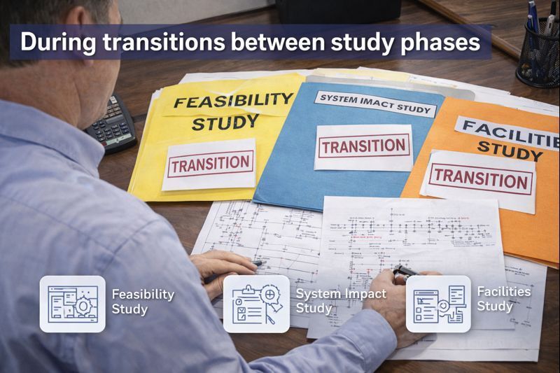 A professional works at a desk with three folders labeled Feasibility, System Impact, and Facilities studies.