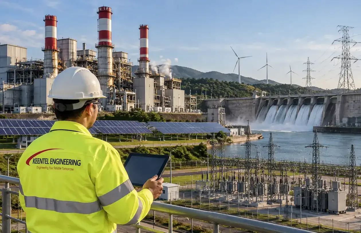 Keentel engineer with a tablet reviewing records at a generating plant