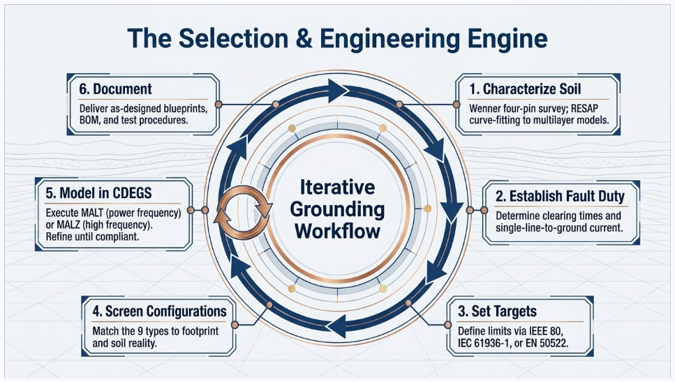 Grounding system design workflow using soil resistivity, fault duty, safety limits and CDEGS modeling