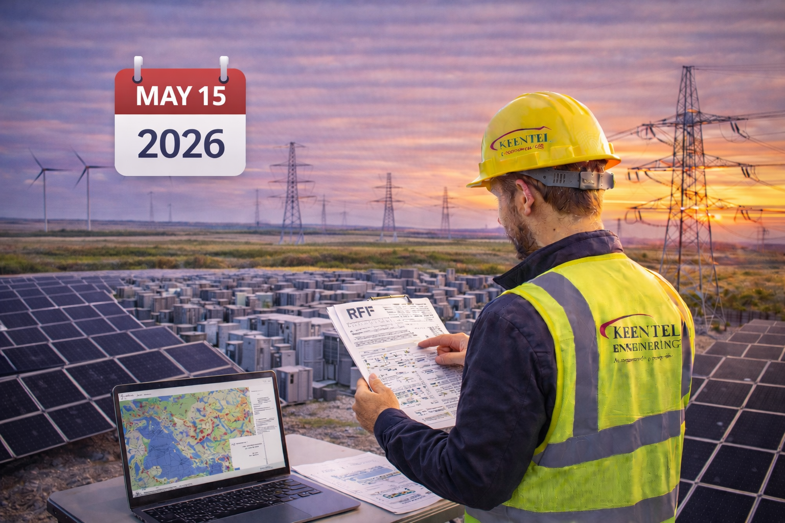 A technician in safety gear reviews documents and a laptop at a solar power plant under electrical transmission towers.