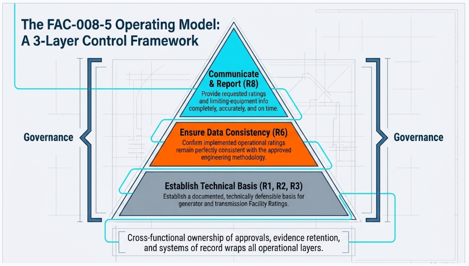 FAC-008-5 compliance operating model showing R1 R2 R3 technical basis, R6 rating consistency and R8 reporting