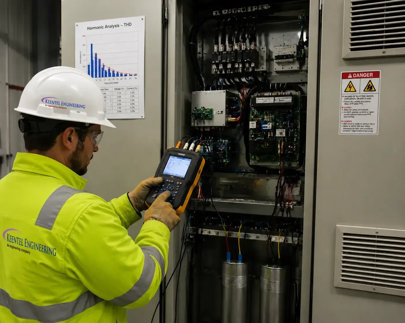 Two technicians in hard hats inspect electrical panel, one using a laptop in a control room.