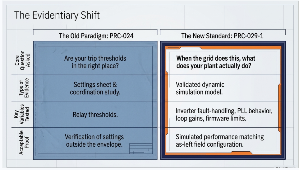 PRC-029-1 compliance evidentiary shift from relay settings review to validated inverter-based resource dynamic model simulation