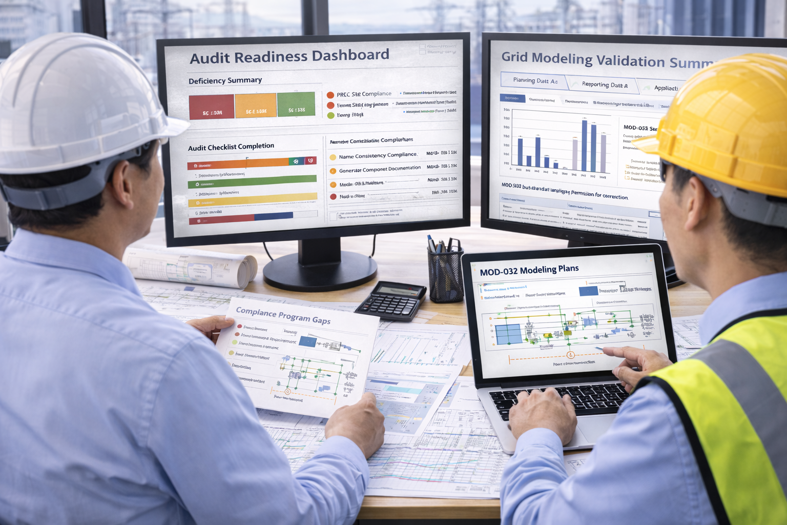 Two engineers in hard hats review data on monitors and paper documents in an office setting.