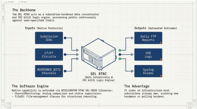 SEL RTAC architecture for automated PRC-005 protection monitoring