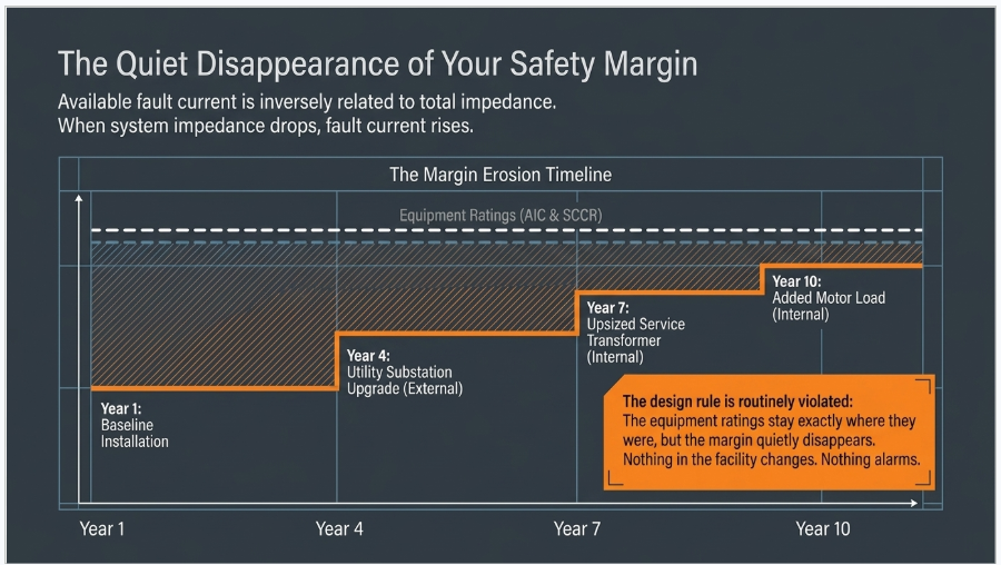 Available fault current increase showing electrical equipment safety margin erosion after utility and transformer upgrades