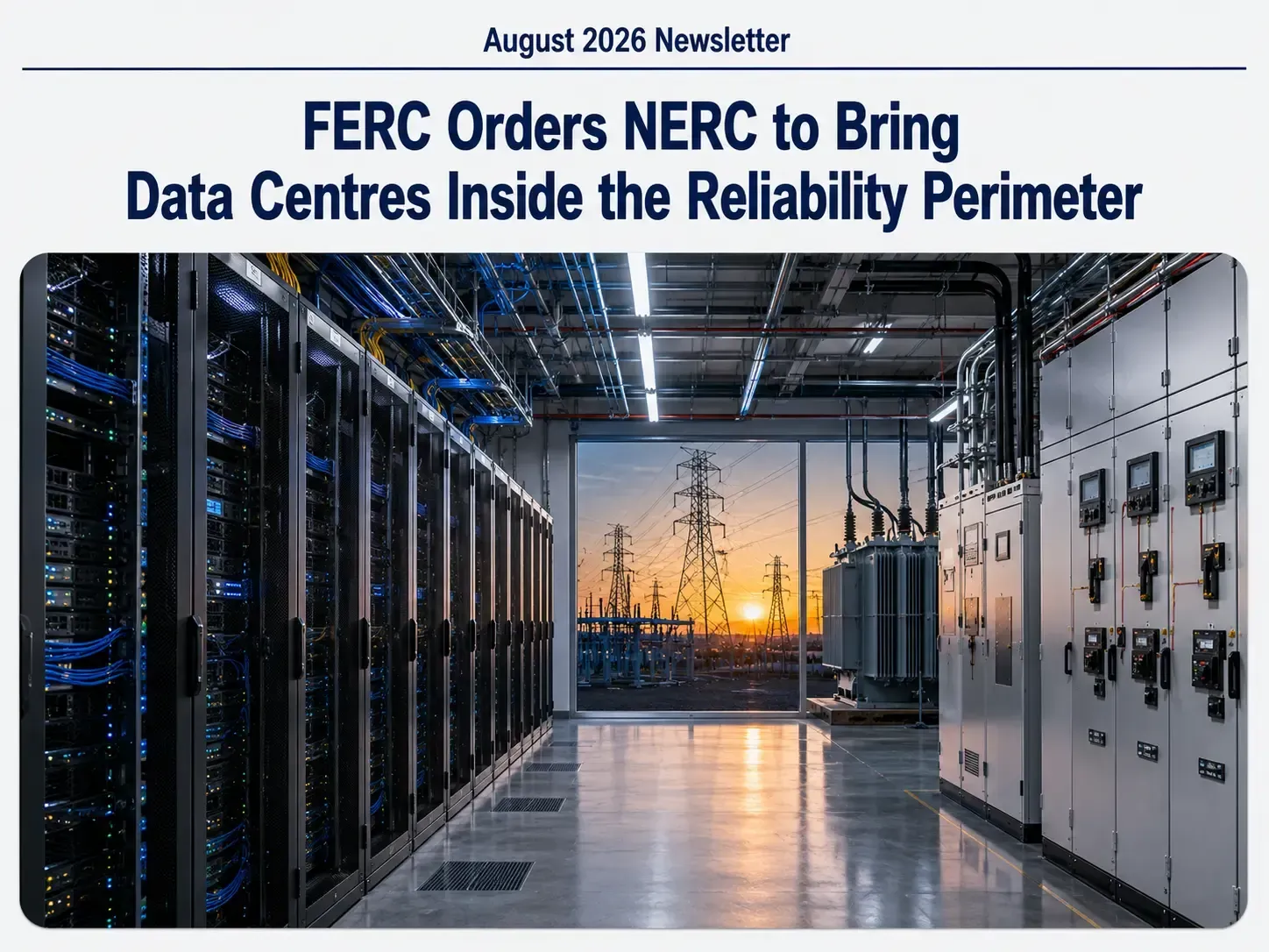 Modern data center with rows of server racks and electrical switchgear.