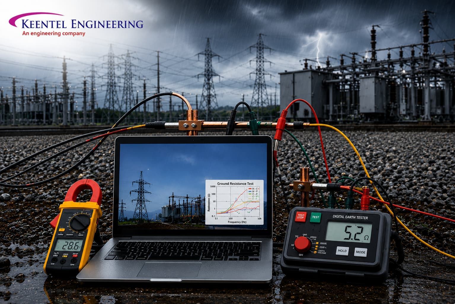 Electrical substation and solar panels under a stormy sky with overlaid engineering data and a case study label.