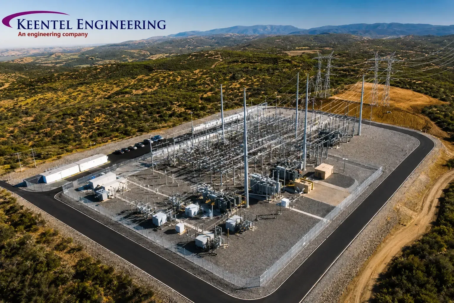 Electrical substation and solar panels under a stormy sky with overlaid engineering data and a case study label.